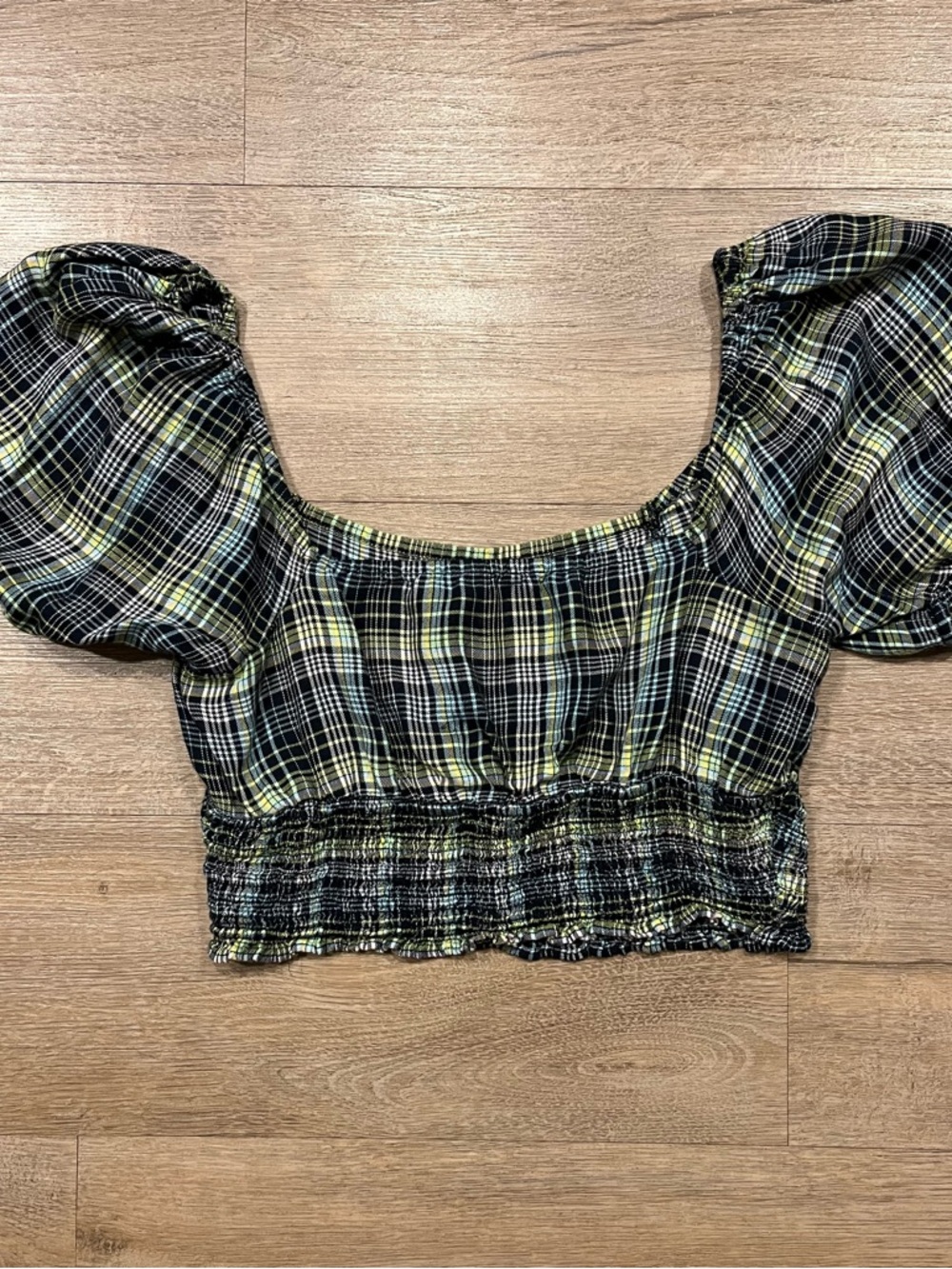 bp Plaid Square-Neck Smocked Crop Top Size Small